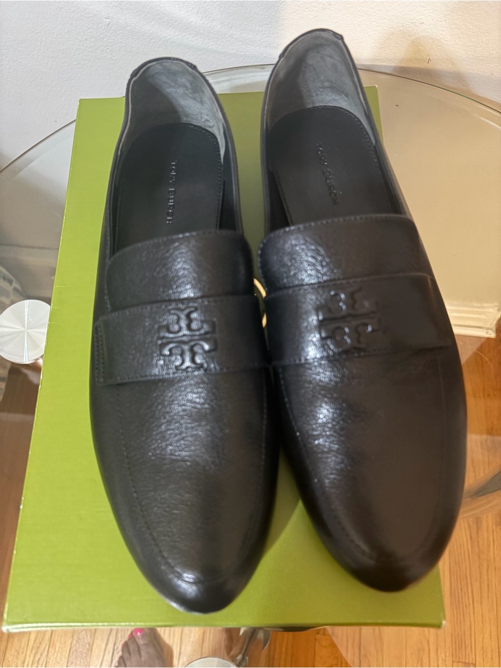 Tory Burch Black Leather Penny Loafers with Logo Strap